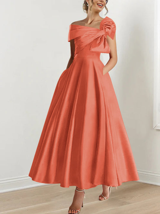Off-the-Shoulder Sleeveless A-Line Princess Ankle-Length Mother of the Bride Dress with Bow(s)-LLELLA