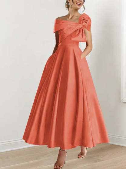 Off-the-Shoulder Sleeveless A-Line Princess Ankle-Length Mother of the Bride Dress with Bow(s)-LLELLA