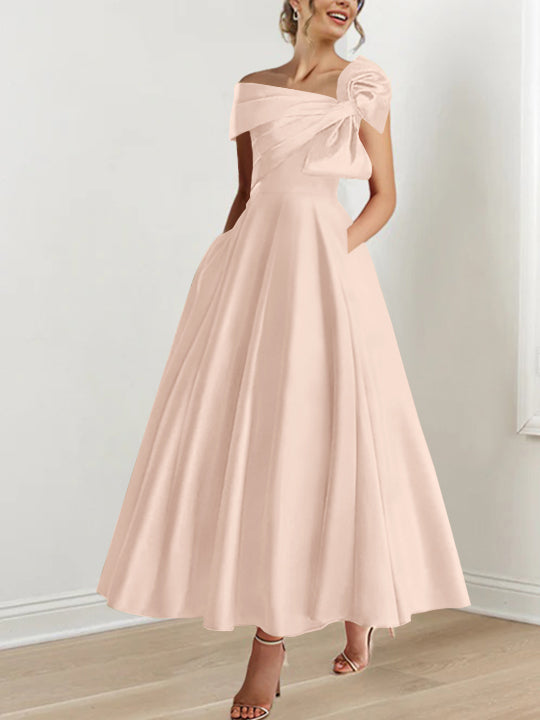 Off-the-Shoulder Sleeveless A-Line Princess Ankle-Length Mother of the Bride Dress with Bow(s)-LLELLA
