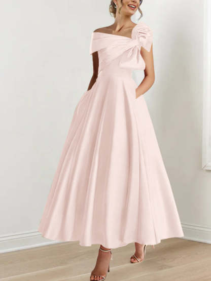 Off-the-Shoulder Sleeveless A-Line Princess Ankle-Length Mother of the Bride Dress with Bow(s)-LLELLA