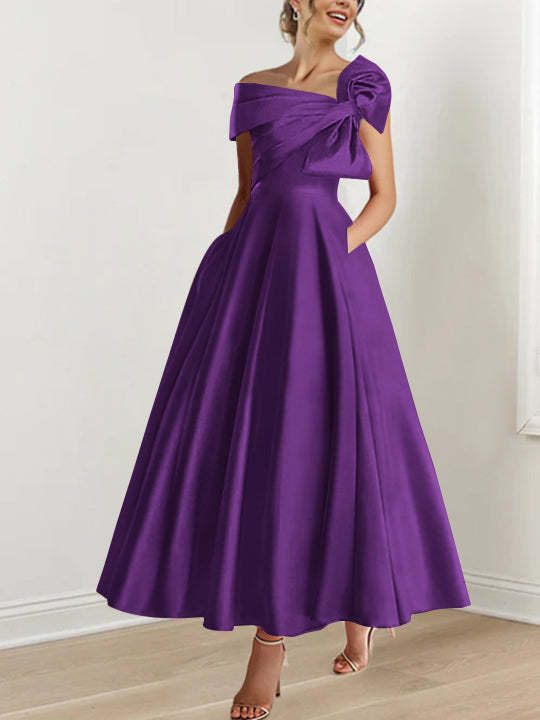 Off-the-Shoulder Sleeveless A-Line Princess Ankle-Length Mother of the Bride Dress with Bow(s)-LLELLA