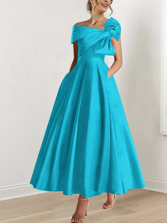 Off-the-Shoulder Sleeveless A-Line Princess Ankle-Length Mother of the Bride Dress with Bow(s)-LLELLA