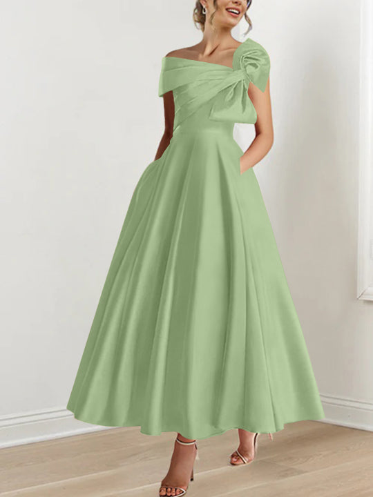 Off-the-Shoulder Sleeveless A-Line Princess Ankle-Length Mother of the Bride Dress with Bow(s)-LLELLA