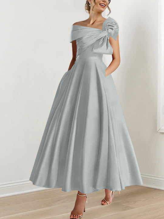 Off-the-Shoulder Sleeveless A-Line Princess Ankle-Length Mother of the Bride Dress with Bow(s)-LLELLA
