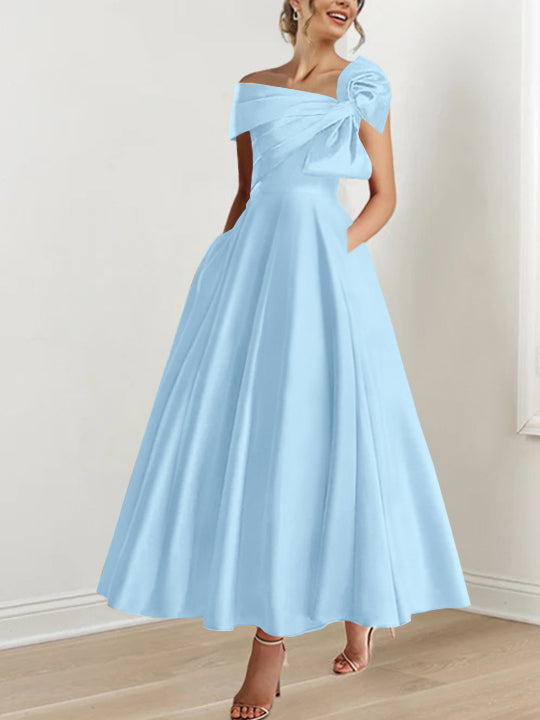 Off-the-Shoulder Sleeveless A-Line Princess Ankle-Length Mother of the Bride Dress with Bow(s)-LLELLA