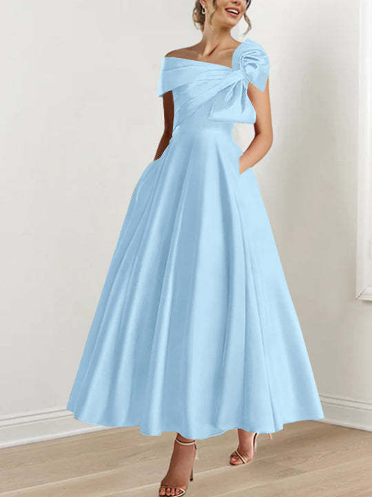 Off-the-Shoulder Sleeveless A-Line Princess Ankle-Length Mother of the Bride Dress with Bow(s)-LLELLA
