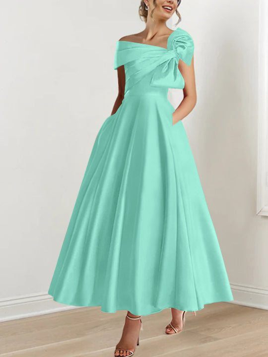 Off-the-Shoulder Sleeveless A-Line Princess Ankle-Length Mother of the Bride Dress with Bow(s)-LLELLA