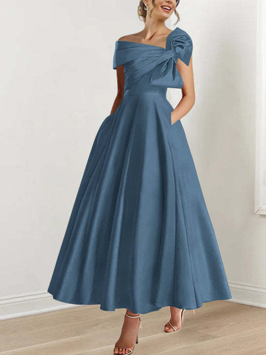 Off-the-Shoulder Sleeveless A-Line Princess Ankle-Length Mother of the Bride Dress with Bow(s)-LLELLA