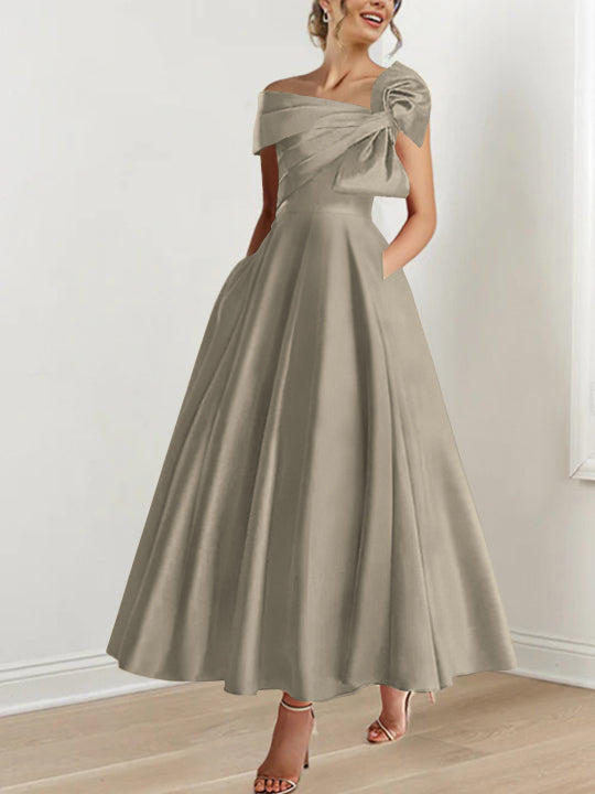 Off-the-Shoulder Sleeveless A-Line Princess Ankle-Length Mother of the Bride Dress with Bow(s)-LLELLA