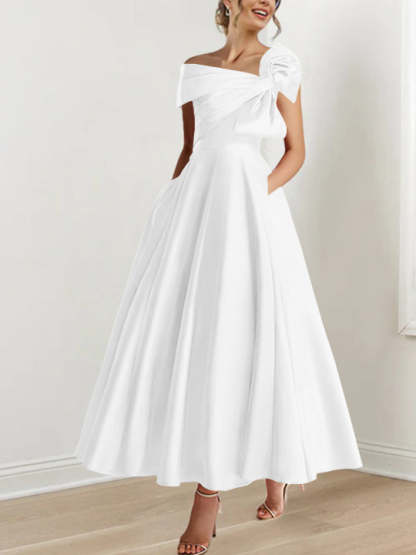 Off-the-Shoulder Sleeveless A-Line Princess Ankle-Length Mother of the Bride Dress with Bow(s)-LLELLA