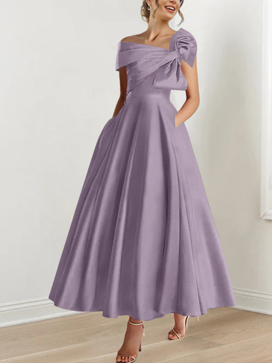 Off-the-Shoulder Sleeveless A-Line Princess Ankle-Length Mother of the Bride Dress with Bow(s)-LLELLA