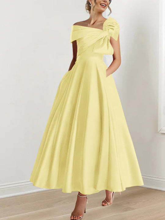 Off-the-Shoulder Sleeveless A-Line Princess Ankle-Length Mother of the Bride Dress with Bow(s)-LLELLA