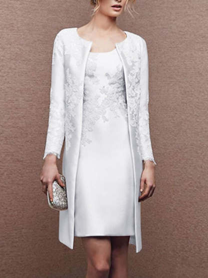 2 Knee-Length Satin Lace Sheath Dresses for Mothers of the Bride Sleeveless with Appliques-LLELLA