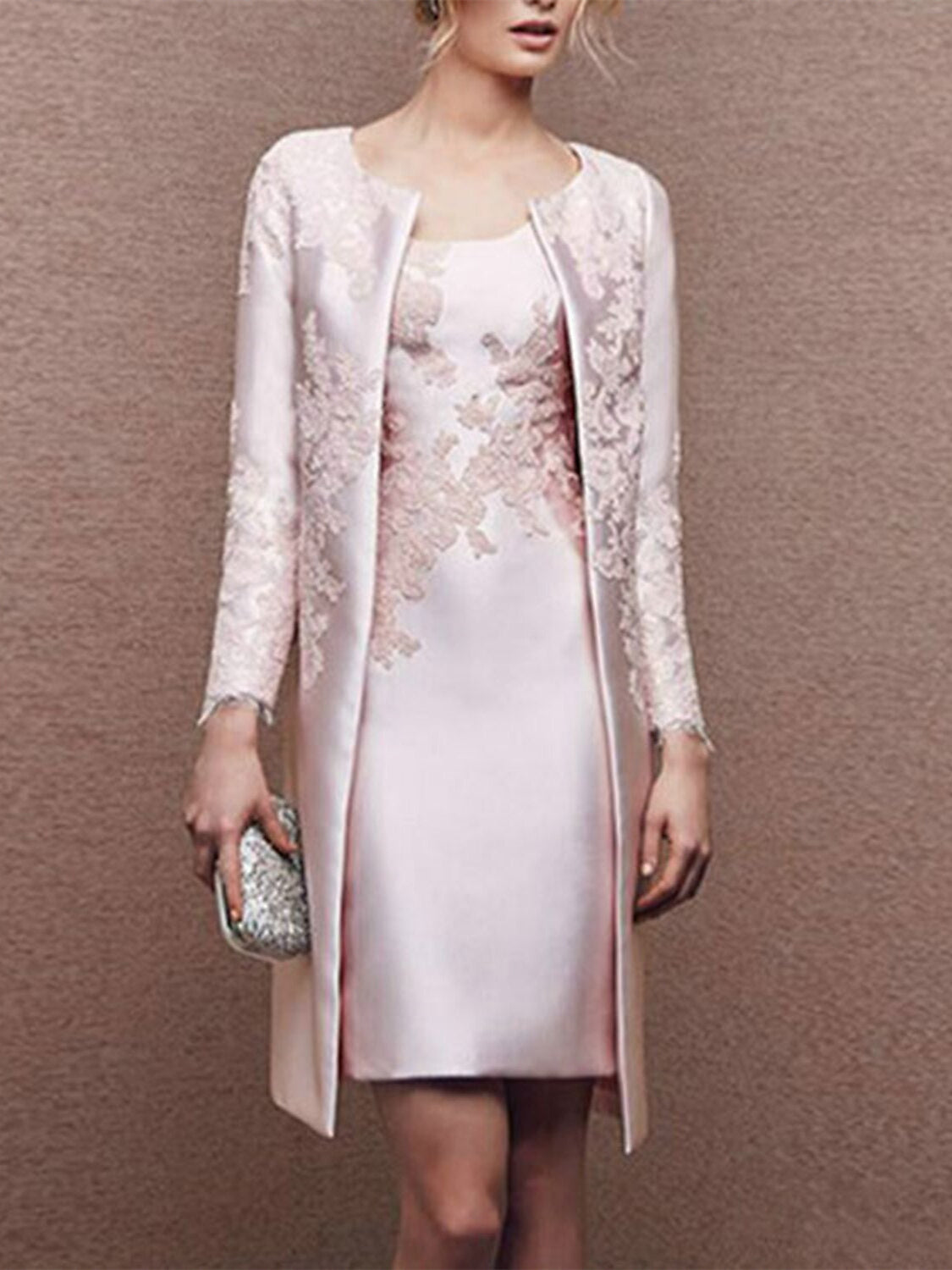 2 Knee-Length Satin Lace Sheath Dresses for Mothers of the Bride Sleeveless with Appliques-LLELLA
