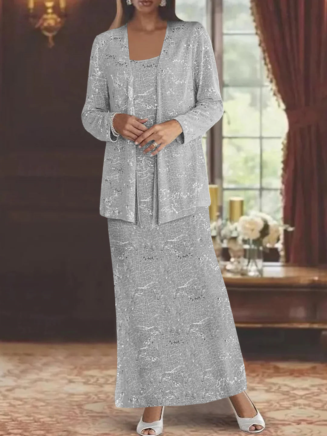 Ankle-length Chiffon Mother of the Bride Dress with Sequins and Jacket-LLELLA