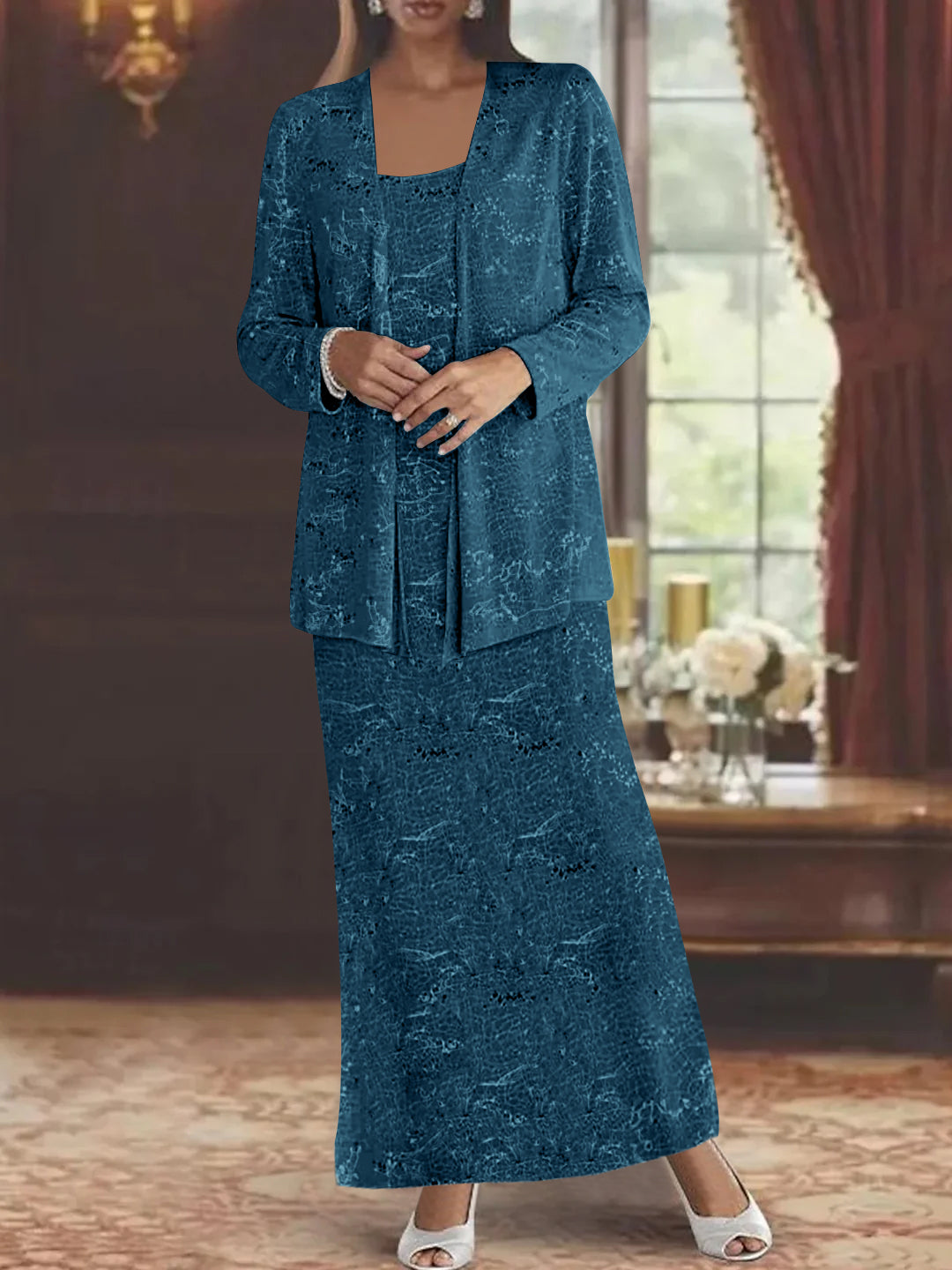 Ankle-length Chiffon Mother of the Bride Dress with Sequins and Jacket-LLELLA