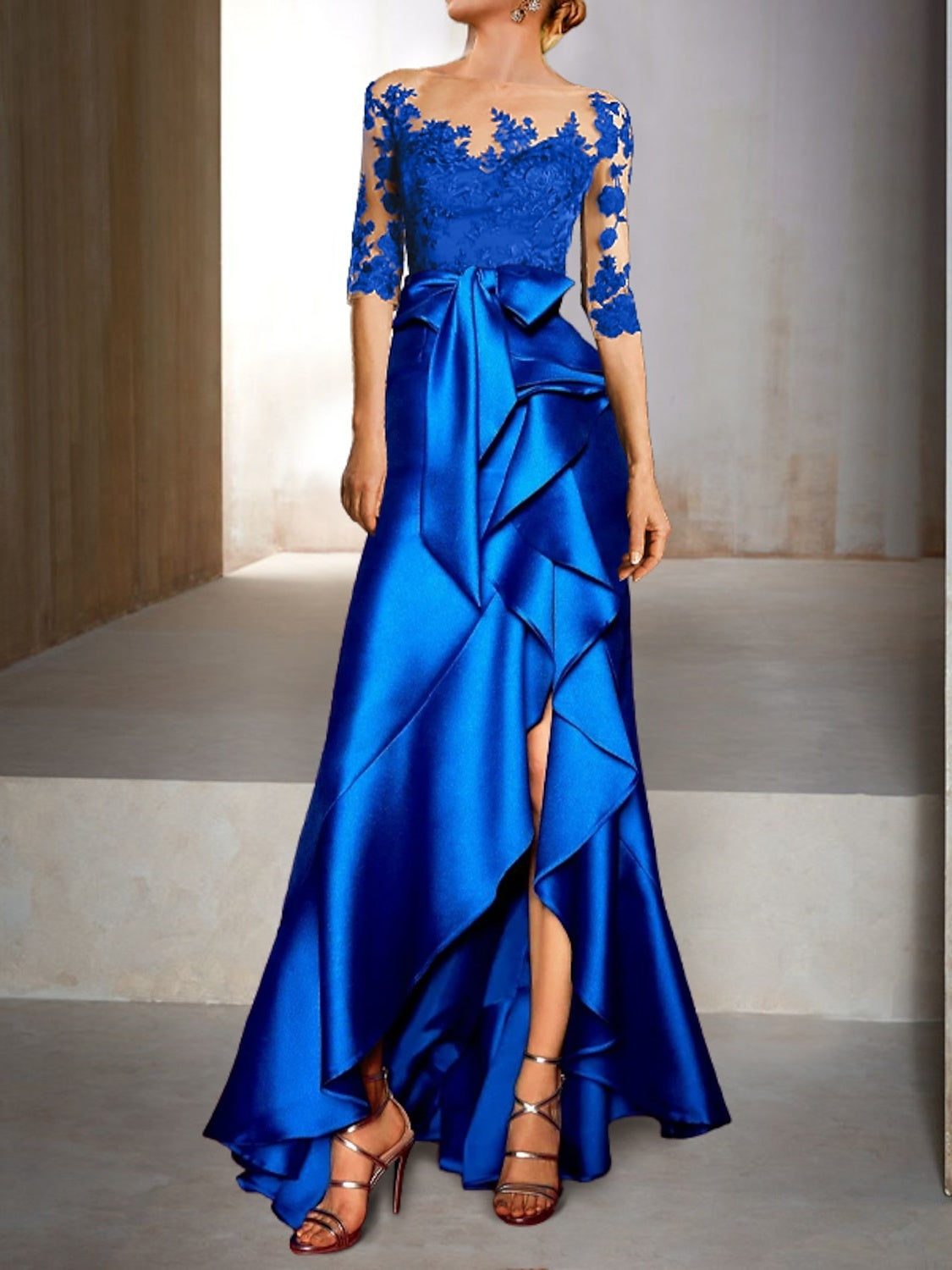 Trumpet Jewel Neck Half-Sleeve Floor-Length Mermaid Mother of the Bride Dress With Appliques & Bow(s)