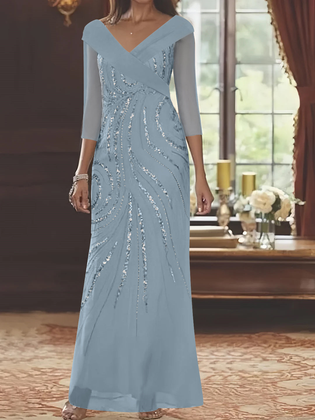 V-Neck 3/4 Sleeve Floor-Length Sequined Mother of the Bride Sheath Dress-LLELLA