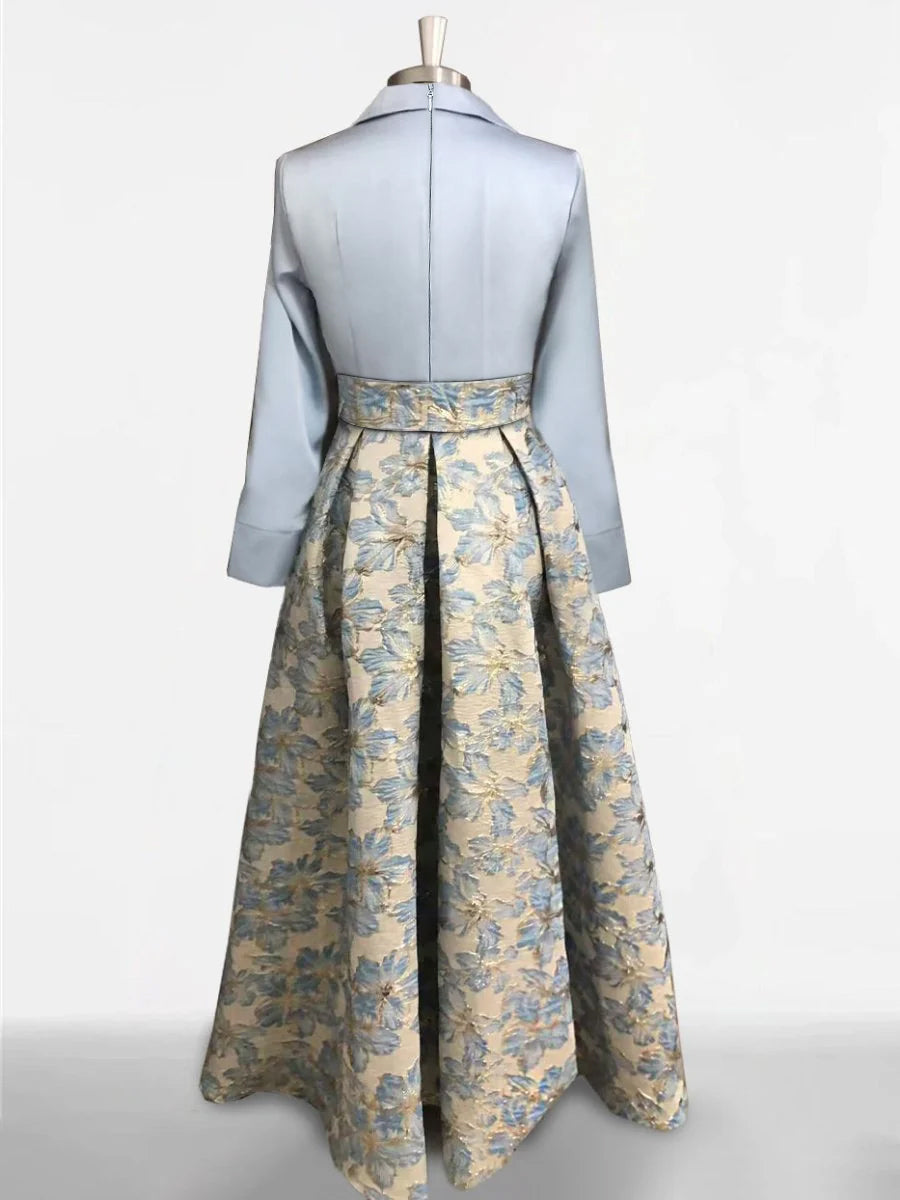 Printed Floral 3/4 Sleeve Shirt Collar A-Line Dress for Mother of the Bride & Groom-LLELLA