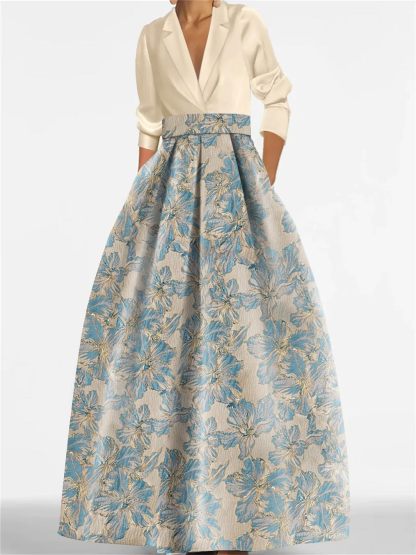 Printed Floral 3/4 Sleeve Shirt Collar A-Line Dress for Mother of the Bride & Groom-LLELLA