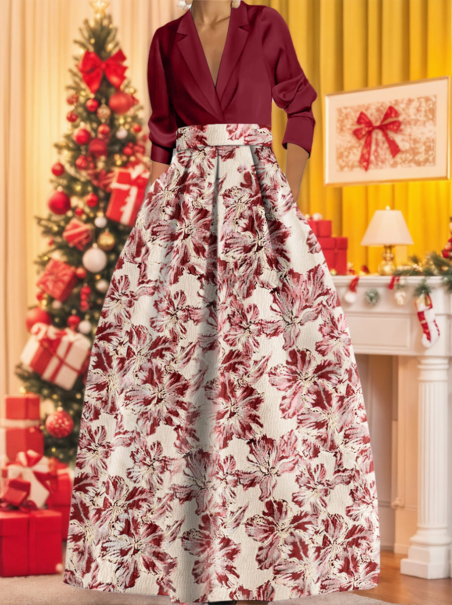 Printed Floral 3/4 Sleeve Shirt Collar A-Line Dress for Mother of the Bride & Groom-LLELLA