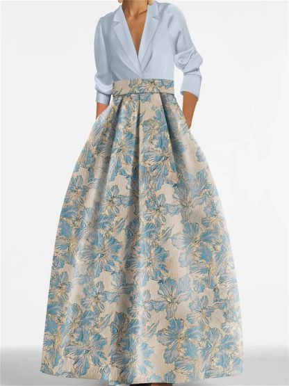 Printed Floral 3/4 Sleeve Shirt Collar A-Line Dress for Mother of the Bride & Groom-LLELLA