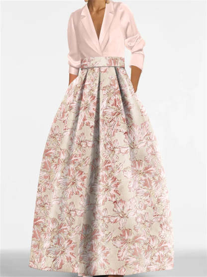 Printed Floral 3/4 Sleeve Shirt Collar A-Line Dress for Mother of the Bride & Groom-LLELLA