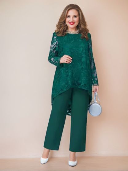 Plus Size Mother of the Bride Scoop Neck Chiffon Pantsuit with Appliques-LLELLA