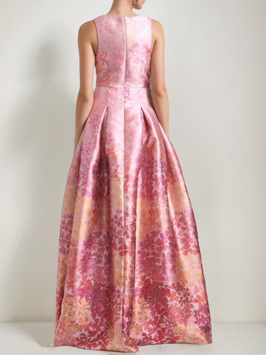 V-Neck Sleeveless Floral Printed A-Line/Princess Mother of the Bride & Groom Dress with High Split and Pocket-LLELLA