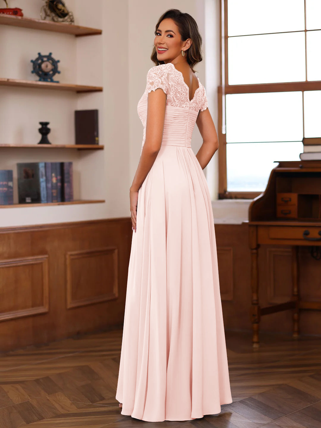 V-Neck A-Line Princess Short Sleeve Dress with Pleats Ruffles & Appliques for Mother of the Bride & Groom-LLELLA