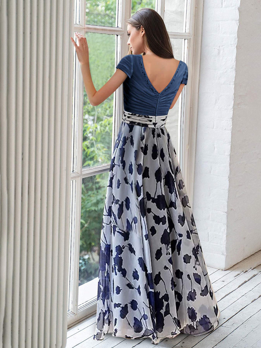 V-Neck Princess A-Line Short Sleeve Mother of the Bride Dress With Floral Ruches-LLELLA