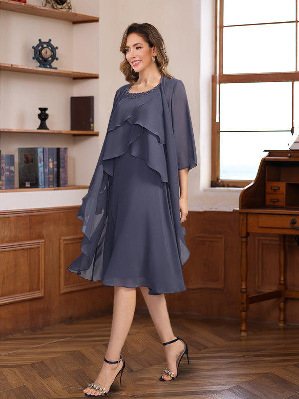 Knee-Length A-Line Princess Scoop Mother of the Bride & Groom Dresses with Beaded Jacket and Ruffles