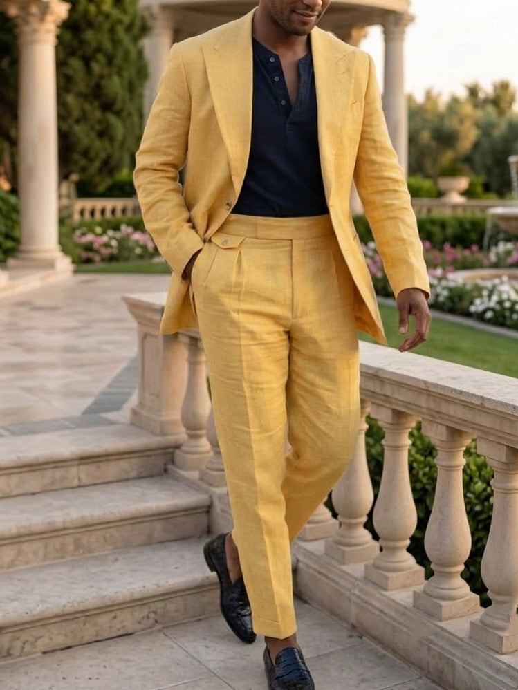 Men's 2 Pieces Linen-Cotton Single-Breasted Suit Long Sleeves Yellow