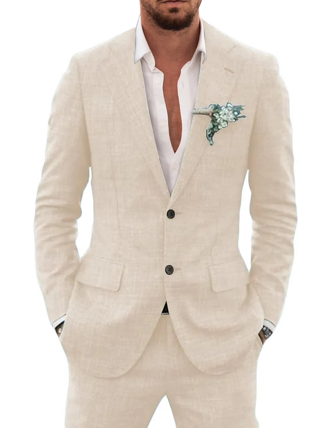 Men's Tailored Fit Single Breasted Two-buttons 2 Pieces Solid Colored Linen Suits Beige
