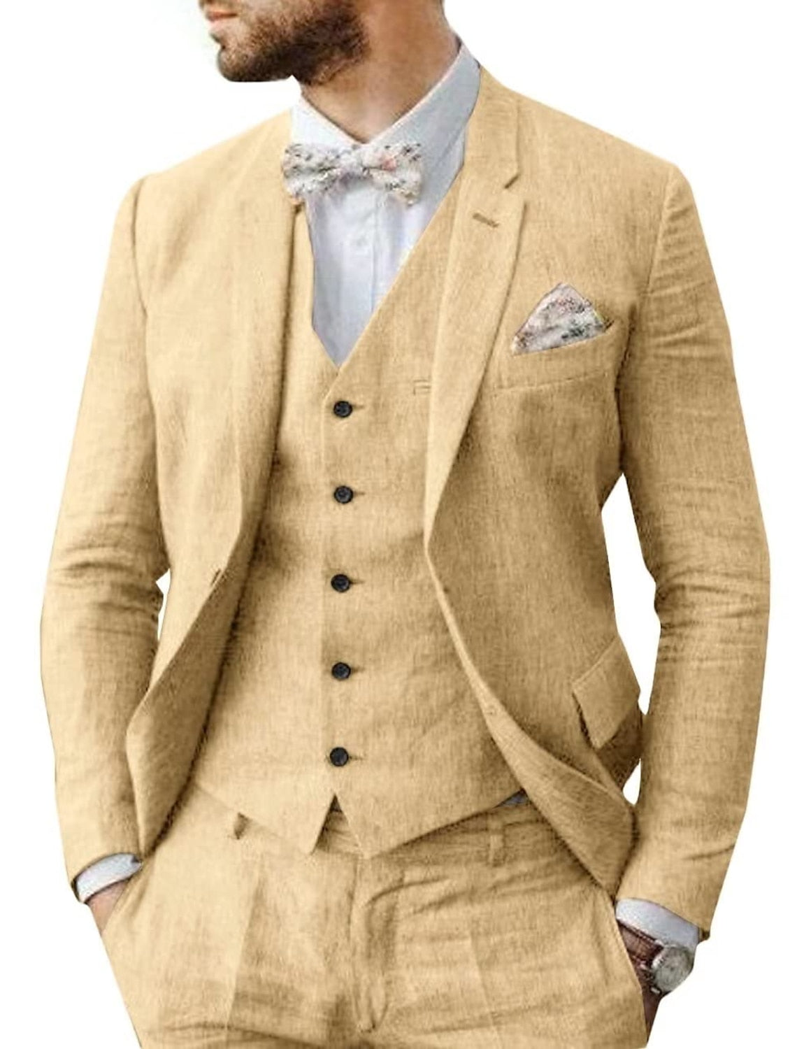 Men's Tailored Fit Single Breasted Two-buttons 3 Pieces Solid Colored Linen Suits Champagne