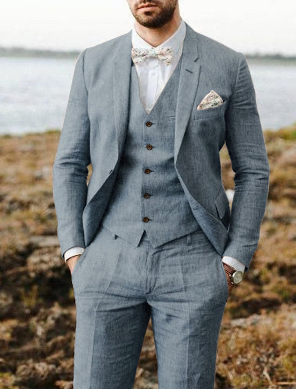 Men's Tailored Fit Single Breasted Two-buttons 3 Pieces Solid Colored Linen Suits Stormy Blue