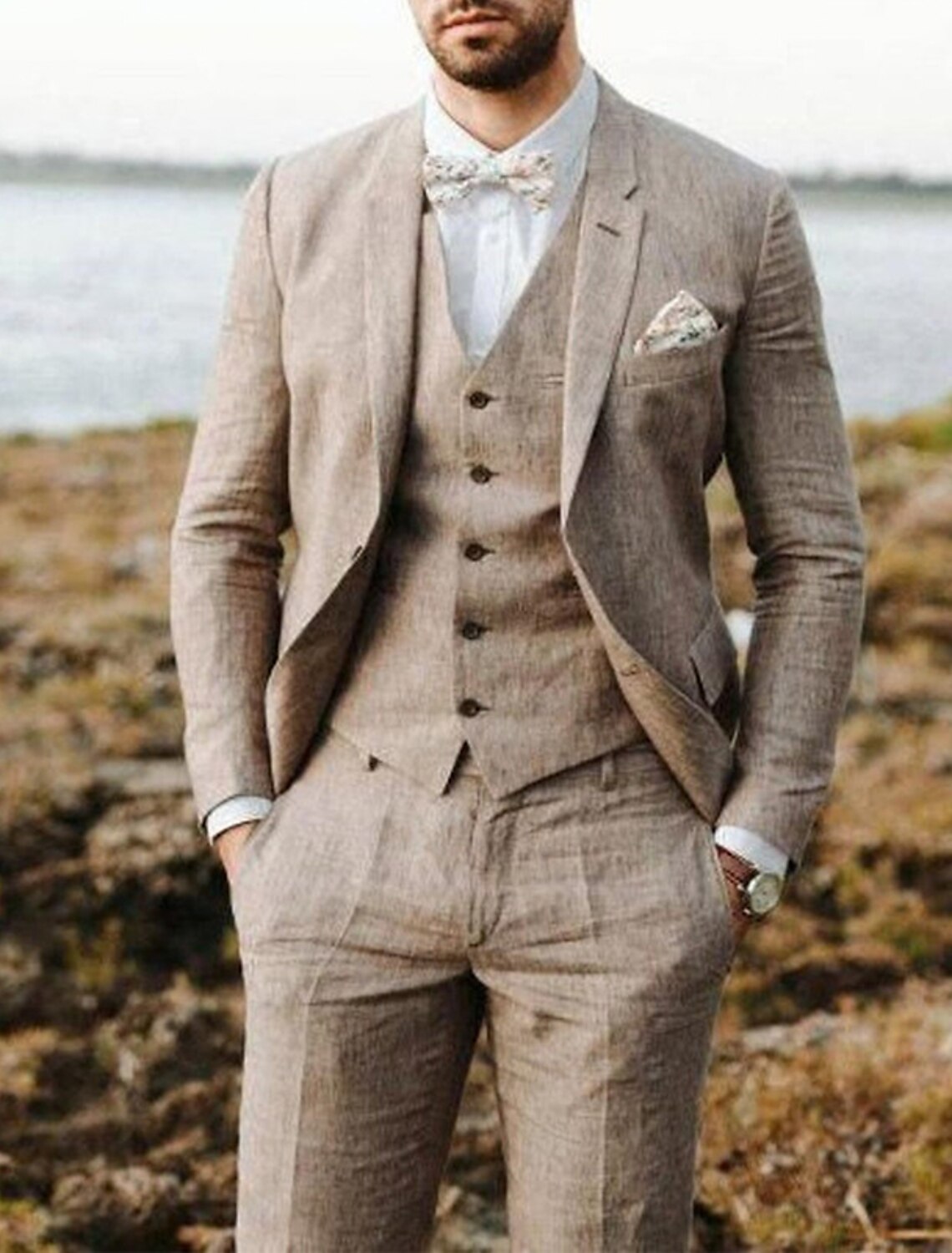 Men's Tailored Fit Single Breasted Two-buttons 3 Pieces Solid Colored Linen Suits Khaki