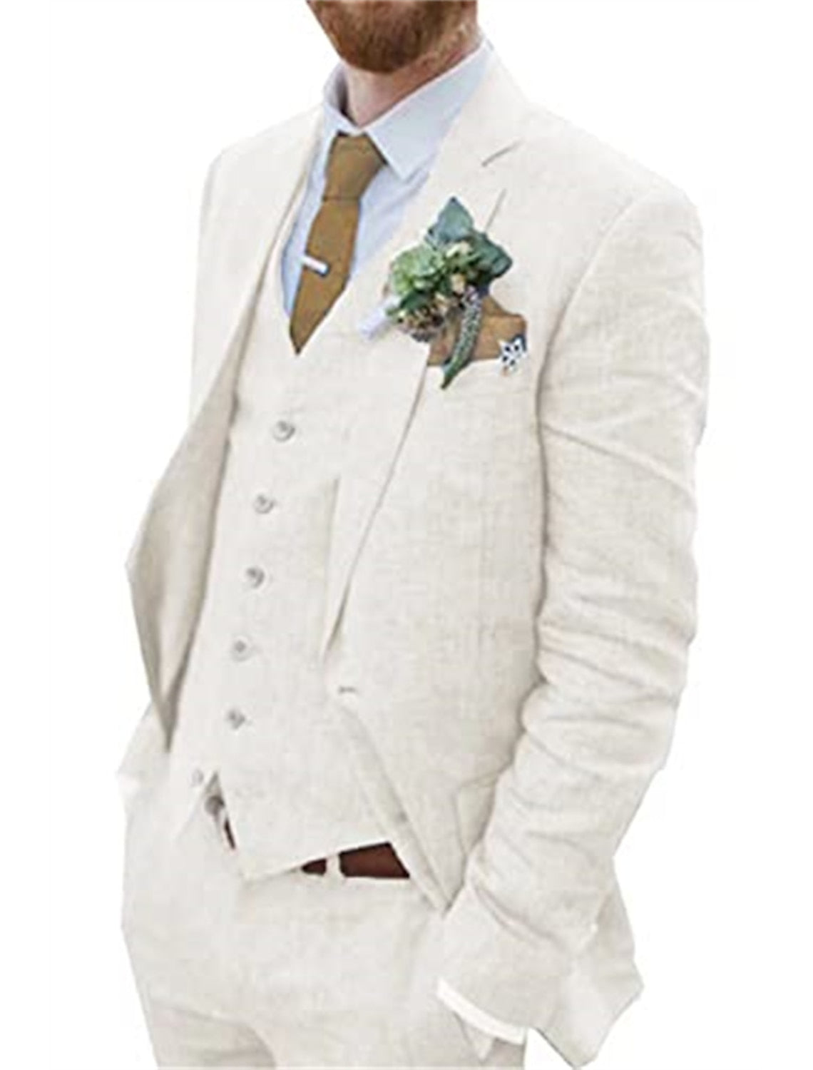 Men's Tailored Fit Single Breasted Two-buttons 3 Pieces Solid Colored Linen Suits Ivory