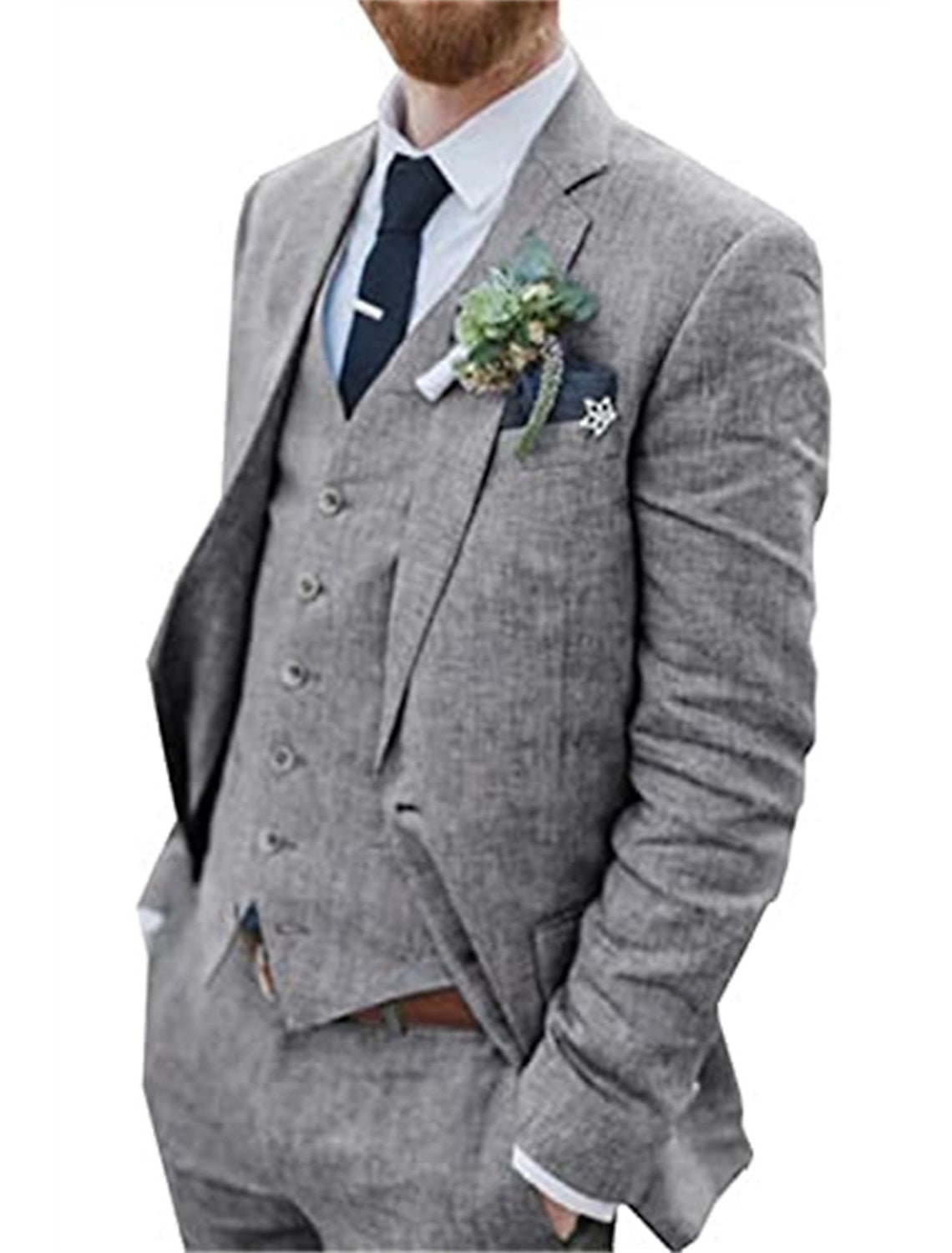 Men's Tailored Fit Single Breasted Two-buttons 3 Pieces Solid Colored Linen Suits Gray