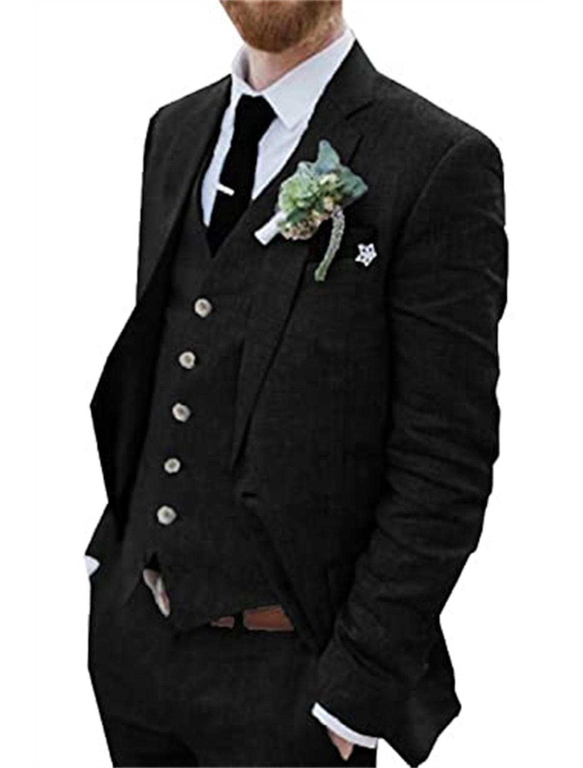 Men's Tailored Fit Single Breasted Two-buttons 3 Pieces Solid Colored Linen Suits Black