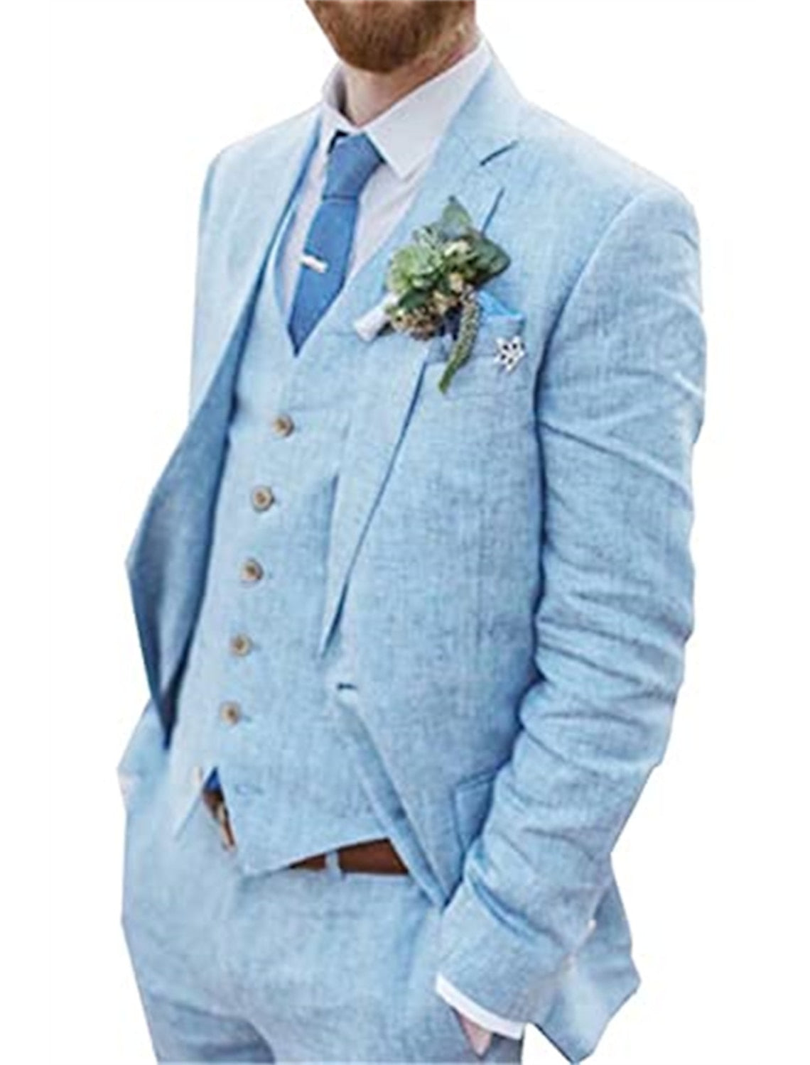 Men's Tailored Fit Single Breasted Two-buttons 3 Pieces Solid Colored Linen Suits Sky Blue