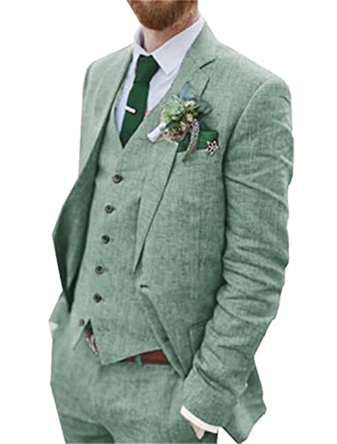 Men's Tailored Fit Single Breasted Two-buttons 3 Pieces Solid Colored Linen Suits Sage