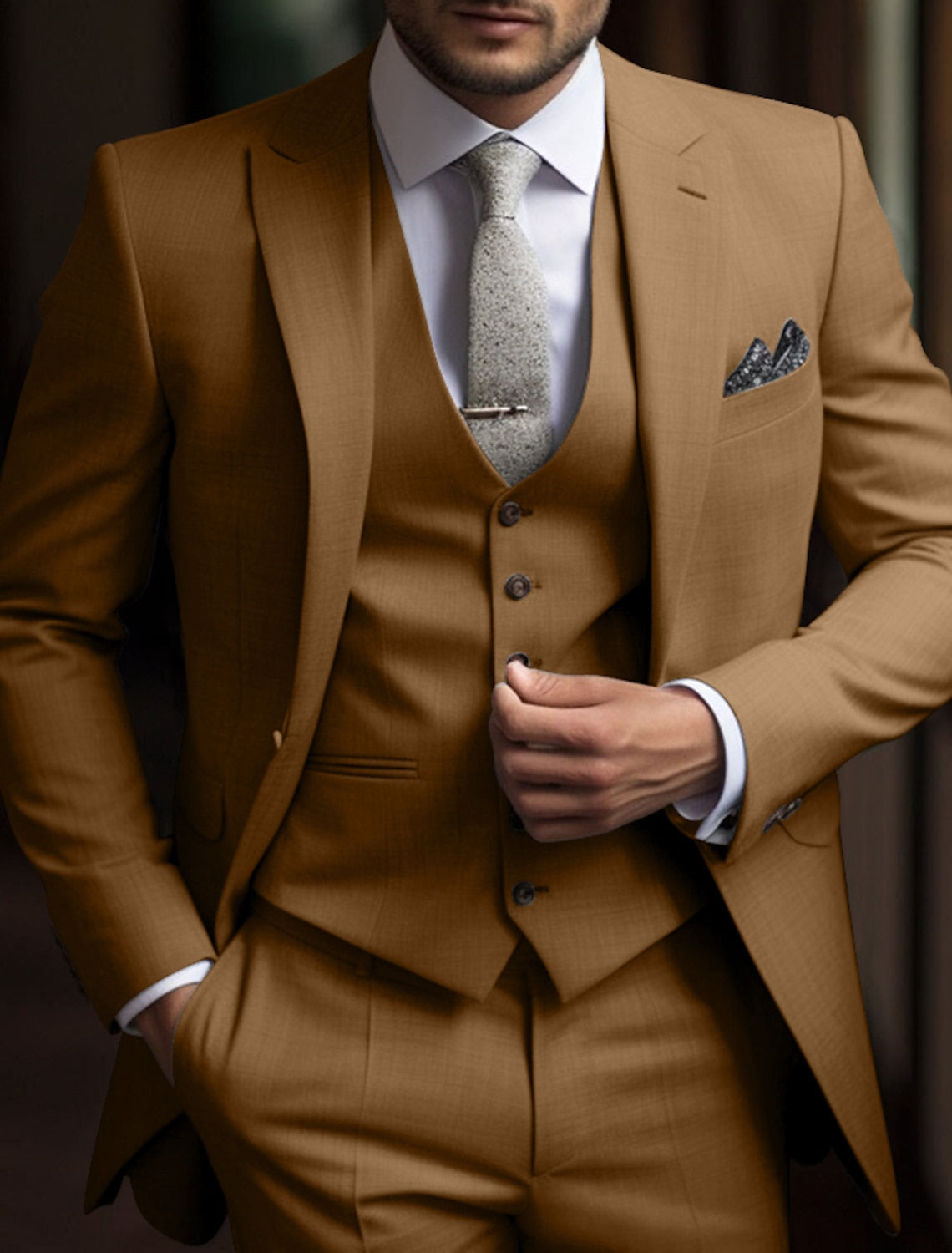 Men's Tailored Fit Single Breasted Two-buttons 3 Pieces Solid Colored Wedding Suits Brown
