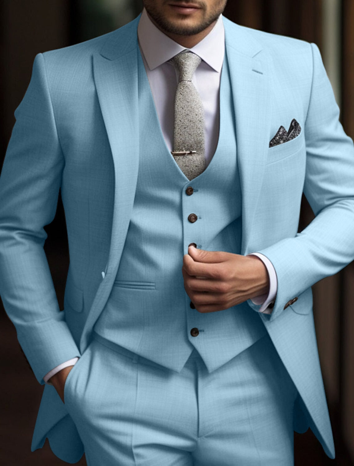 Men's Tailored Fit Single Breasted Two-buttons 3 Pieces Solid Colored Wedding Suits Sky Blue