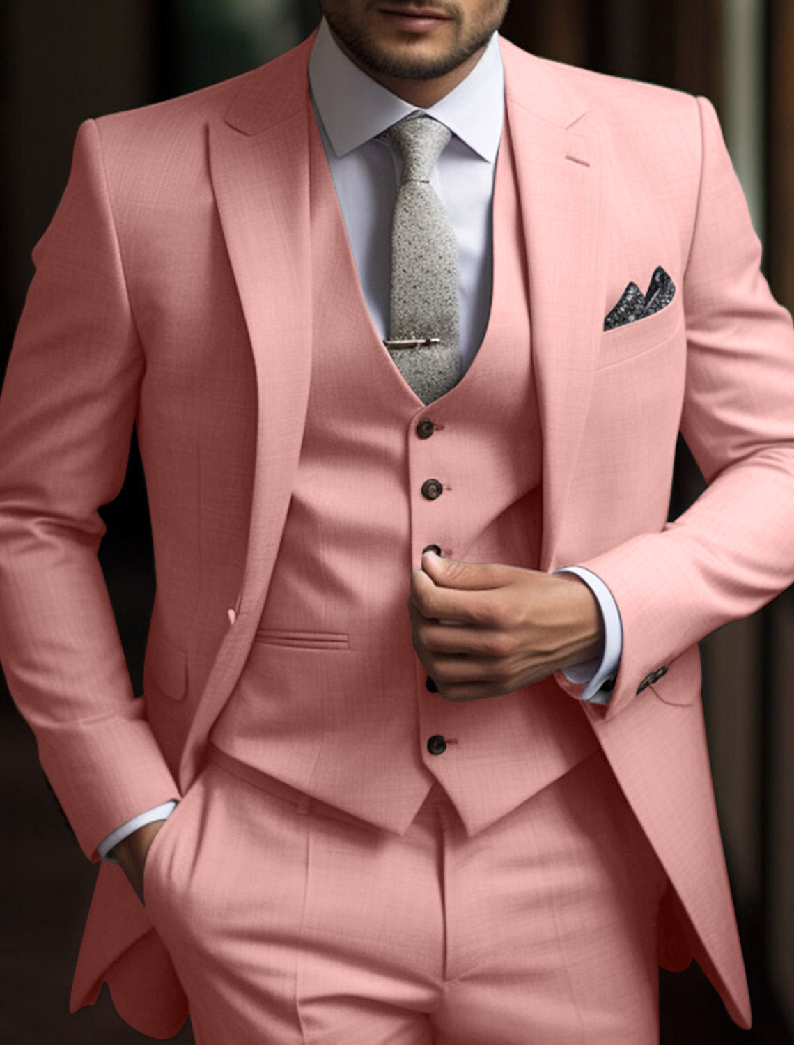 Men's Tailored Fit Single Breasted Two-buttons 3 Pieces Solid Colored Wedding Suits Coral