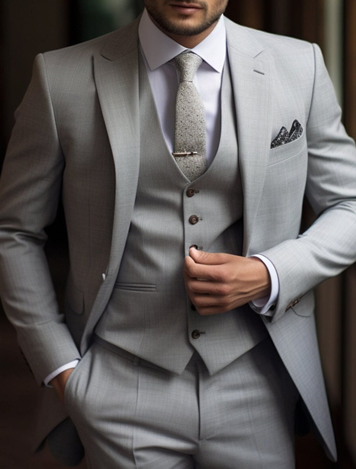 Men's Tailored Fit Single Breasted Two-buttons 3 Pieces Solid Colored Wedding Suits Light Gray