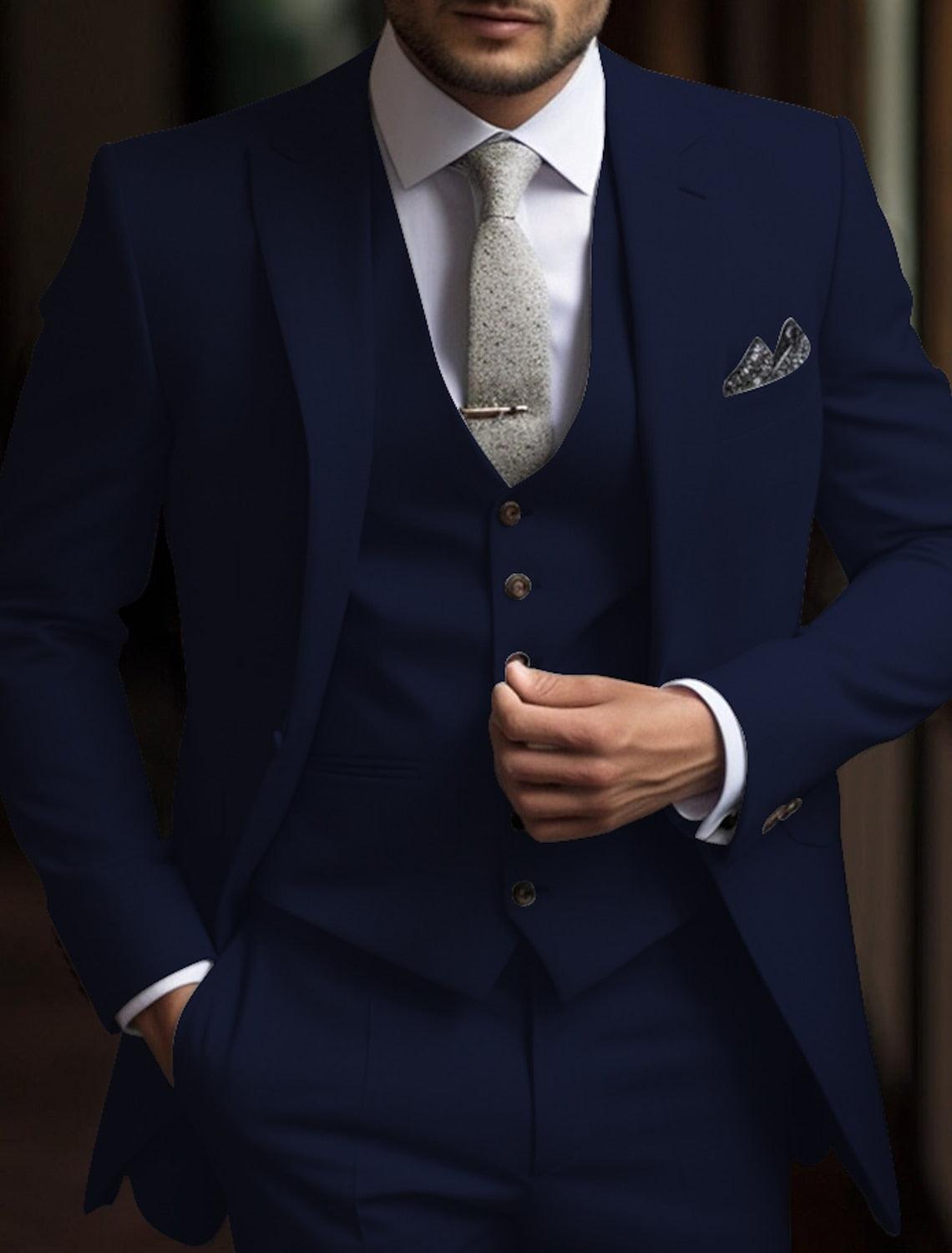 Men's Tailored Fit Single Breasted Two-buttons 3 Pieces Solid Colored Wedding Suits Navy Blue