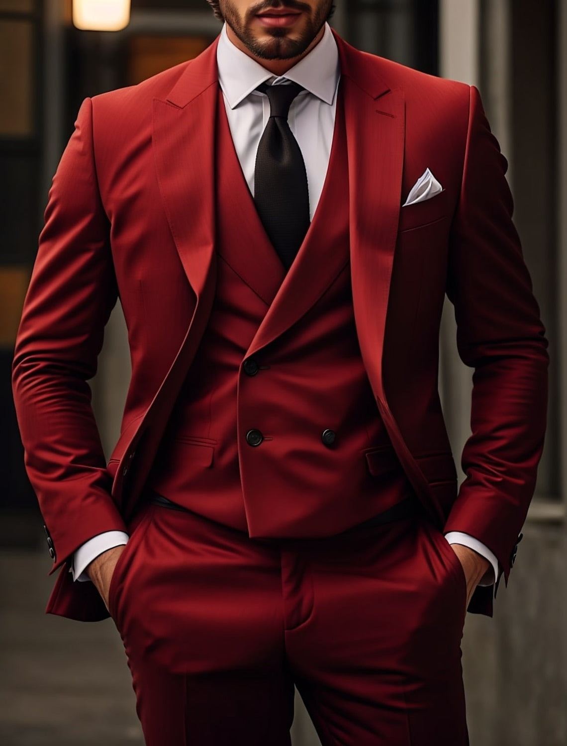 Men's Tailored Fit Single Breasted Two-buttons 3 Pieces Solid Colored Wedding Suits Red