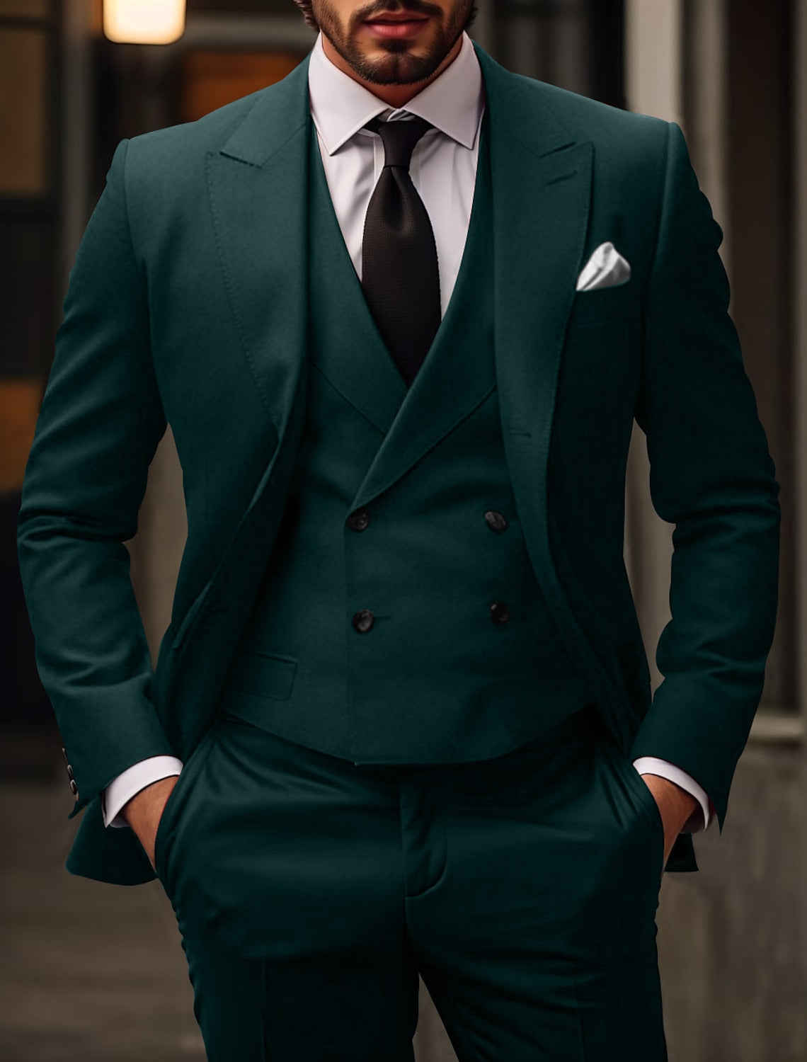 Men's Tailored Fit Single Breasted Two-buttons 3 Pieces Solid Colored Wedding Suits Dark Green