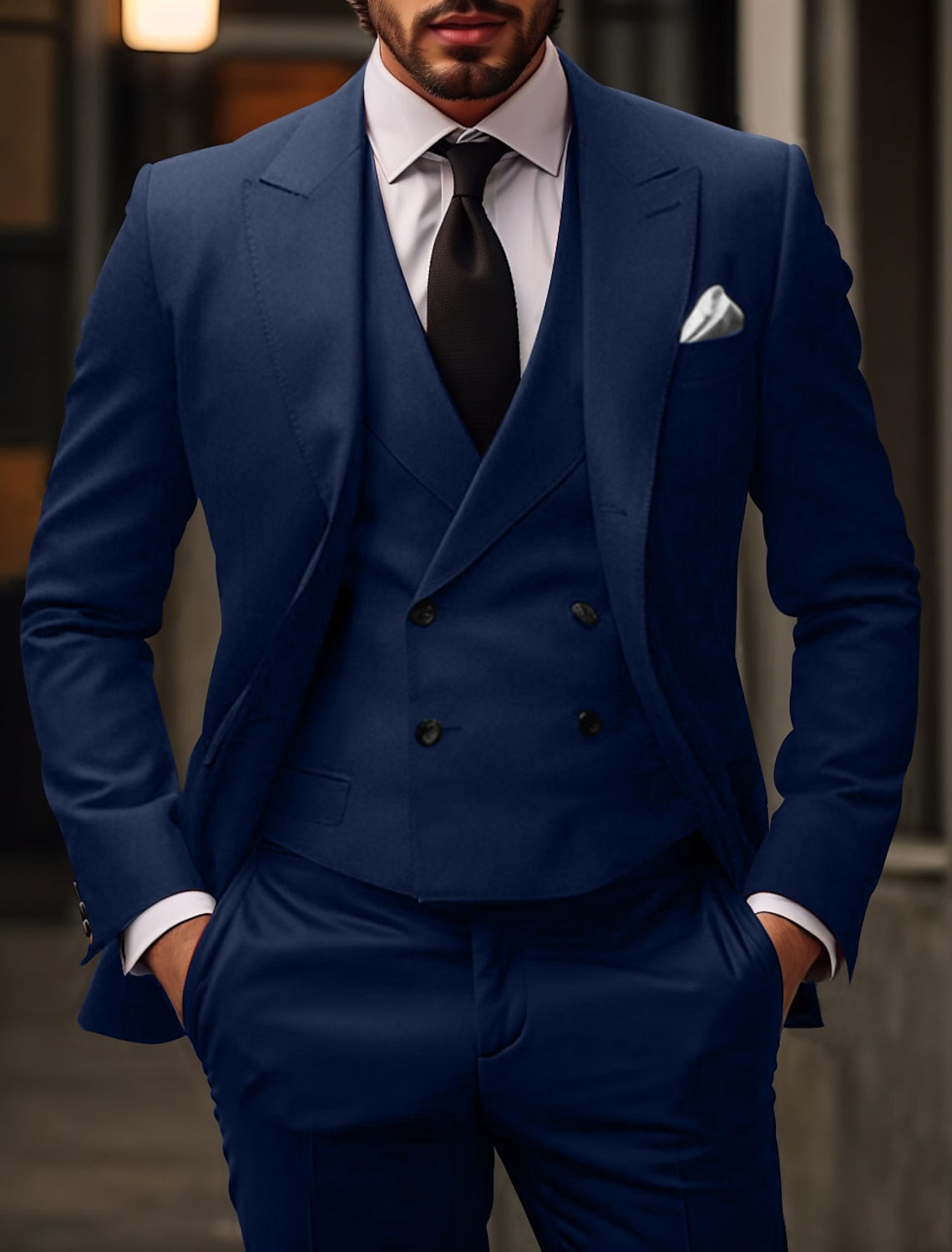 Men's Tailored Fit Single Breasted Two-buttons 3 Pieces Solid Colored Wedding Suits Navy Blue
